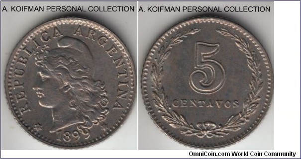KM-34, 1899 Argentina 5 centavos; copper-nickel, reeded edge; hard to determine condition because of the unusual relief of Liberty on obverse - vertually impossible to determine wear, reverse saw no or very minimal wear.