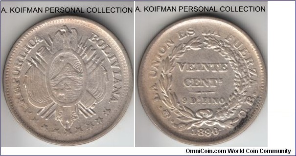 KM-159.2, 1890 Bolivia 20 centavos, CB essayer initials; silver, reeded edge; weakly struck on reverse, good extra fine with some luster remaining.