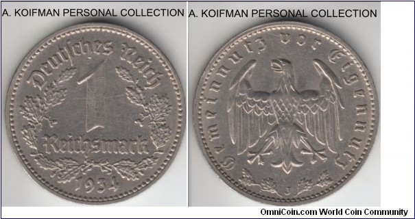 KM-78, 1934 Germany (Third Reich) reichsmark, Hamburg mint (J mint mark); nickel, incuse ornament lettered edge; average extra fine or better.