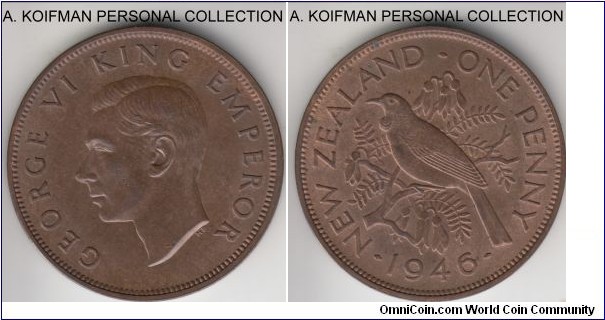 KM-13, 1946 New Zealand penny; bronze, plain edge; nice glossy chocolate brown uncirculated coin.