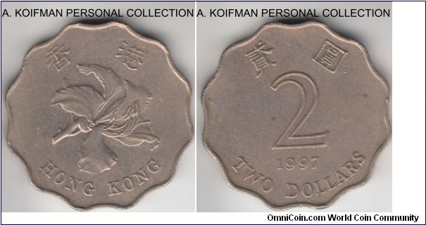 KM-64, 1997 Hong Kong 2 dollars; copper-nickel, scalloped flan, plain edge; average circulated, very fine or so.