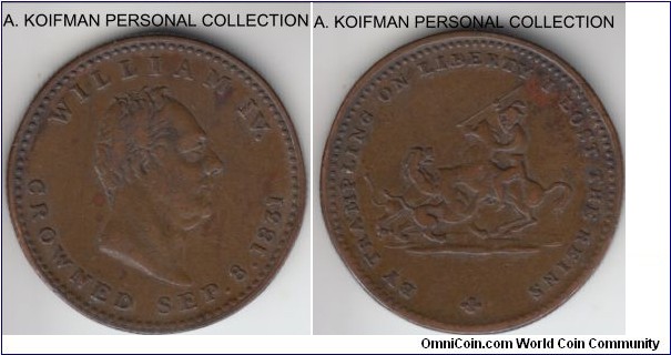 BHM-1523, 1831 Great Britain coronation medalet; brass, 22 mm, slant reeded edge; very fine or better, somewhat scarcer token.