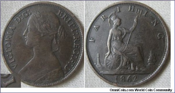 1862 farthing, narrow date recut first I in VICTORIA