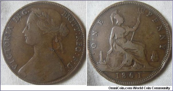 1861 penny 5+D F+