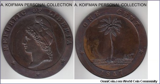 KM-1, 1847 Liberia cent; proof copper, plain edge; razor edge, glossy proof surfaces, several die breaks typical of that strike, especially the one on obverse, the coin is almost identical to the pattern one listed in Krause and slabbed by NGC.