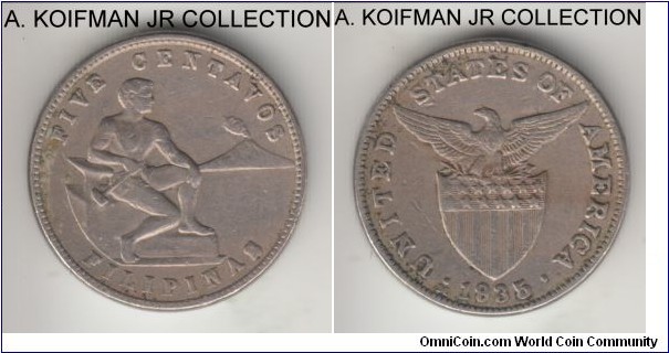 KM-175, 1935 Philippines (US-Philippines Commonwealth) 5 centavos, Manila mint (M mint mark); copper-nickel, plain edge; extra fine or almost details, some toning and deposits.