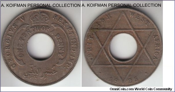 KM-7, 1925 British West Africa 1/10 of a penny, Royal mint (no mint mark); copper-nickel, plain edge; scarcer year, very fine or almost.