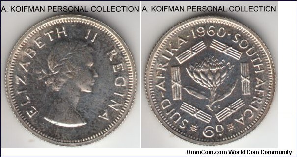 KM-48, 1960 South Africa (Dominion) 6 pence; proof, silver, reeded edge; sharp brilliant proof with the usual toning from the box storage, mintage 3,360.