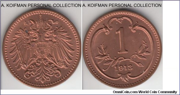 KM-2800, 1913 Austria heller; bronze, plain edge; flaming red uncirculated really nice coin.