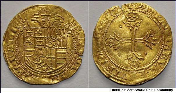 Spain, Charles I (Emperor Charles V), gold Escudo (Ducat), ND (1536-37). Barcelona mint. truck at the Barcelona mint to finance the 1536-37 expedition to Tunis against Barbarossa. 3.31g, 26mm, Gold.