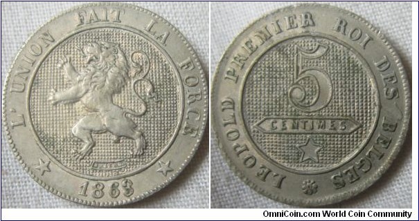 EF 1863 Belgian 5 centimes, date numerals are recut.