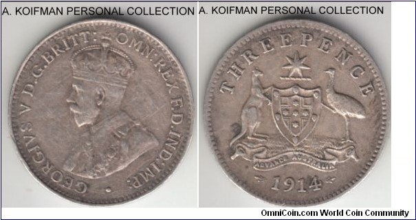 KM-24, 1914 Australia 3 pence, Royal mint (London, no mint mark); silver, plain edge; very fine details, scarcer year but some obverse hairlines.
