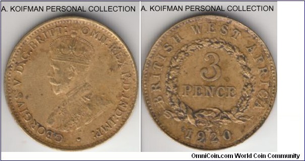 KM-10b, 1920 British West Africa 3 pence, King Norton mint (KN mint mark); tin-brass, plain edge; very fine or so, dirty and stained as customary of these coins.