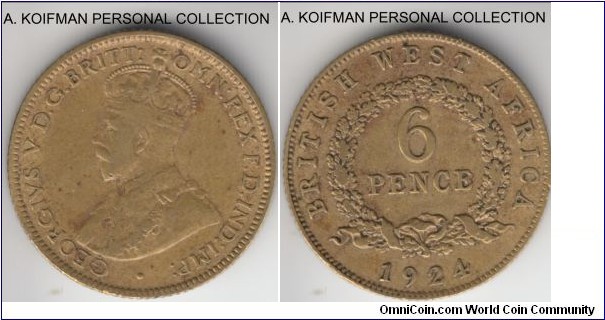 KM-11b, 1924 British West Africa 6 pence; tin-brass, reeded edge; good fine to about very fine; scarcer issue and scarce year.