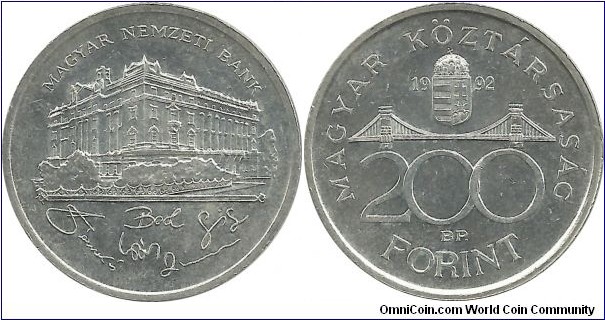 Hungary 200 Forint 1992 - Hungarian National Bank (12.00 g / .500 Ag)