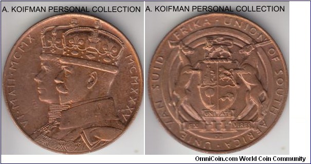Laidlaw: 0028, South Africa George V Silver Jubilee medal; bronze, 39.1 mm diameter, 14.8 gr; about uncirculated, reverse scan is not good due to the high relief of the design.