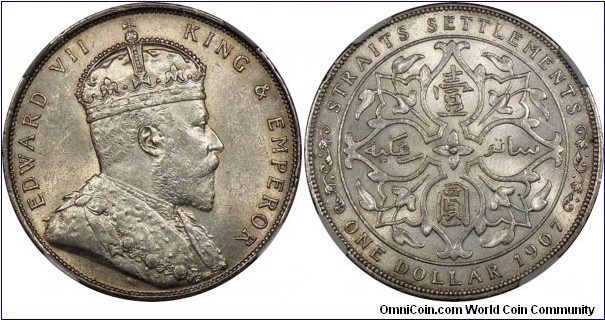 British crown colony, Straits Settlements, Edward VII, AR Dollar, 1907. NGC MS62.