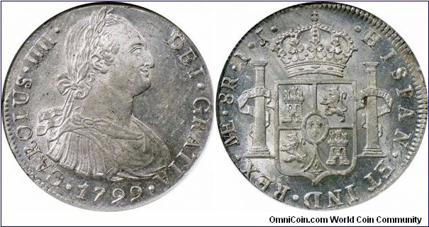 Spanish colonial, Peru, Charles IV, 8 Reales, 1799. Lima mint, Assayer: I.J. KM# 97. NGC MS63.