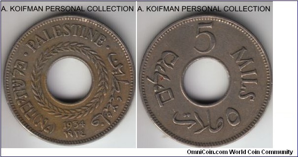 KM-3, 1934 Palestine 5 mils; copper nickel, plain edge; scarcer year, very fine or about, typically stained.