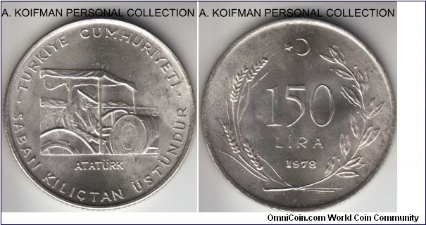 KM-918.1, 1978 Turkey 150 lira; silver, reeded edge; Ataturk on the tractor, small mintage of 10,000 (Krause) to 11,600 (FAO certificate), average uncirculated.