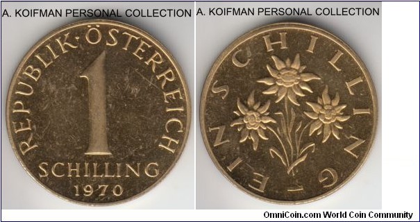 KM-2886, 1970 Austria schilling; proof, aluminum-bronze, plain edge; scattered marks on this impared proof.