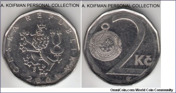 KM-9, 2001 Czech Republic 2 koruny; nickel plated steel, 11-sided flan, plain edge; unusual form for this circulated coin.