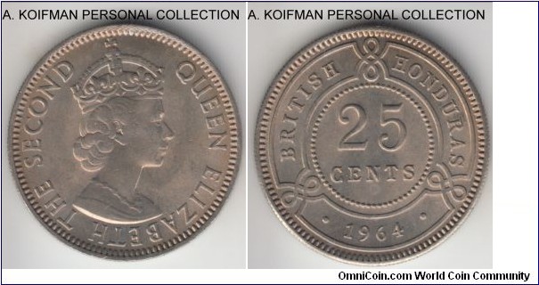 KM-29, 1964 British Honduras 25 cents; copper-nickel, reeded edge; nicely toned, good GEM uncirculated specimen, mintage of 100,000.