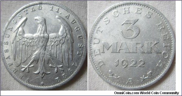 1922 3 mark EF obverse with legend