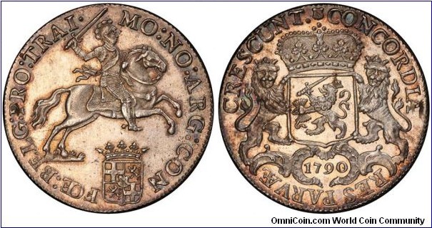 Republic of the United Netherlands, Utrecht, Ducaton, 60 Stuiver / Silver Rider. 1790. MO : NO : ARG : CON FOE : BELG : PRO : TRAI ·. Armored knight on horse above crowned shield / CONCORDIA RES PARVÆ CRESCUNT ·. Crowned arms of Utrecht with supporters, date below. KM 92.1. Sharply struck and attractive. PCGS MS63.