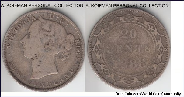 KM-4, 1888 Newfoundland 20 cents; silver, reeded edge; very good, mintage 75,000.