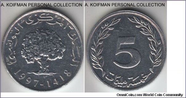 KM-348, AH1418-1997 Tunisia 5 millim; aluminum, reeded edge; circulated, probably in the extra fine range.