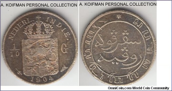 KM-309, 1904 Netherlands East Indies 1/10 gulden; silver, reeded edge; cleaned extra fine or about, dark toned.