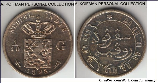 KM-304, 1893 Netherlands East Indies 1/10 gulden, Utrecht mint; silver, reeded edge; good extra fine, lightly cleaned.
