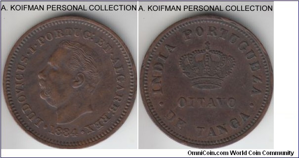 KM-307, 1884 Portuguese India oitavo (1/8) tanga; copper, plain edge; about extra fine, may have been wiped.