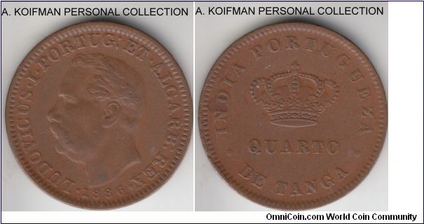 KM-308, 1886 Portuguese India quarto (1/4) tanga; copper, plain edge; good very fine, nicer coin.