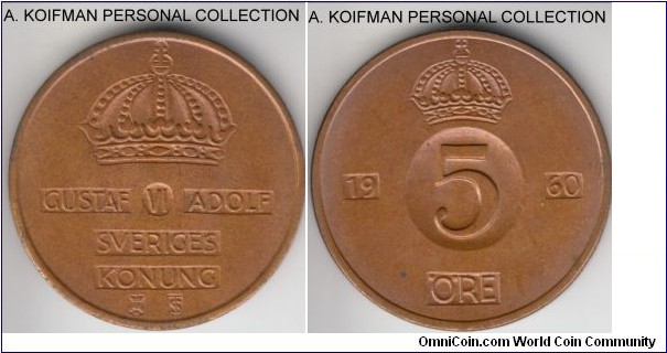 KM-822, 1960 Sweden 5 ore; bronze, plain edge; glossy light brown uncirculated, pretty looking coin.