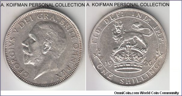 KM-829, 1926 Great Britain shilling; silver, reeded edge; modified effigy, extra fine or so.