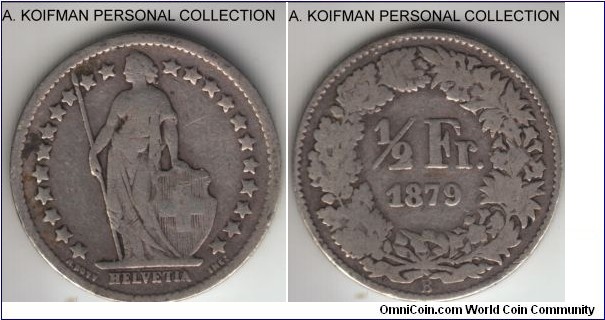 KM-23, 1879 Switzerland 1/2 franc, Bern mint (B mint mark); silver, reeded edge; early issue, about fine or better.