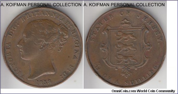 KM-3, 1858 Jersey 1/13'th of a shilling; copper; plain edge; very fine or so, few minor edge knocks.