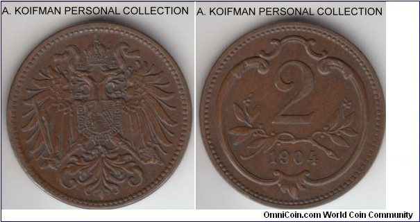 KM-2801, 1904 Austria (Empire) 2 heller; bronze, plain edge; brown extra fine.