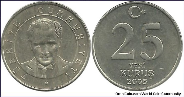 Türkiye 25 YeniKuruş 2005 (Yeni=New)	