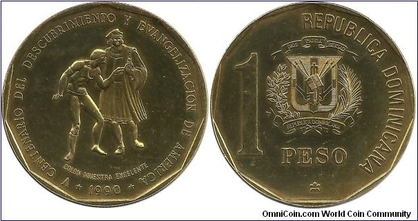 DominicanRepublic 1 Peso 1990-500th Ann of Discovery and Evangelization