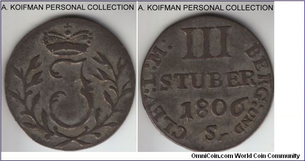 KM-10, 1806 German States Berg 3 stuber; silver, plain edge; good fine to very fine, less common state.