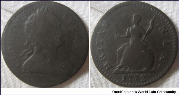 1773 farthing, rarer reverse 3 over higher 3 branch past the first N.