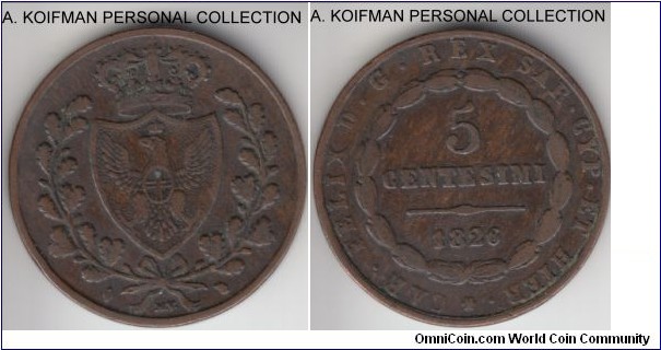 KM-127, Italian States Sardinia 5 centesimi; copper, plain edge; good fine to very fine, normal wear, mint mark (P or L) is not visible. 