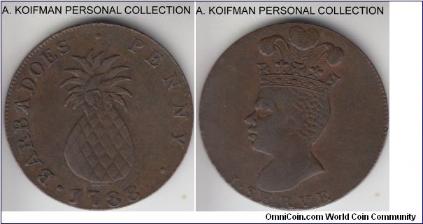 KM-Tn8, 1788 barbados penny token; copper, plain edge; good grade, good very fine, scarce issue.