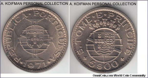 KM-22, 1971 San Tomas and Prince 5 escudos; copper-nickel, reeded edge; bright uncirculated but a couple of carbon spots on obverse.