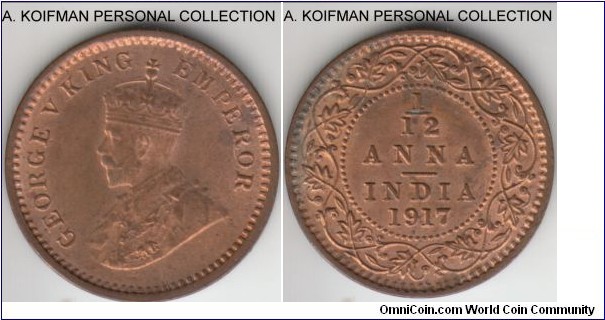 KM-509, 1917 British India 1/12 anna (pie), Calcutta mint; bronze, plain edge; mostly red uncirculated.