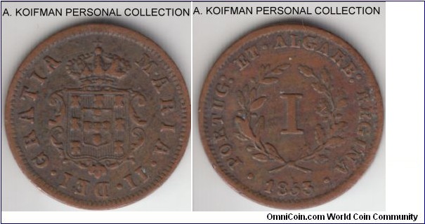KM-24, 1853 Portuguese Mozambique (Colony) reis; copper, plain edge; very fine or better.