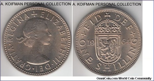 KM-905, 1964 Great Britain shilling; copper nickel, reeded edge; Scottish crest, uncirculated specimen, light toning on obverse.